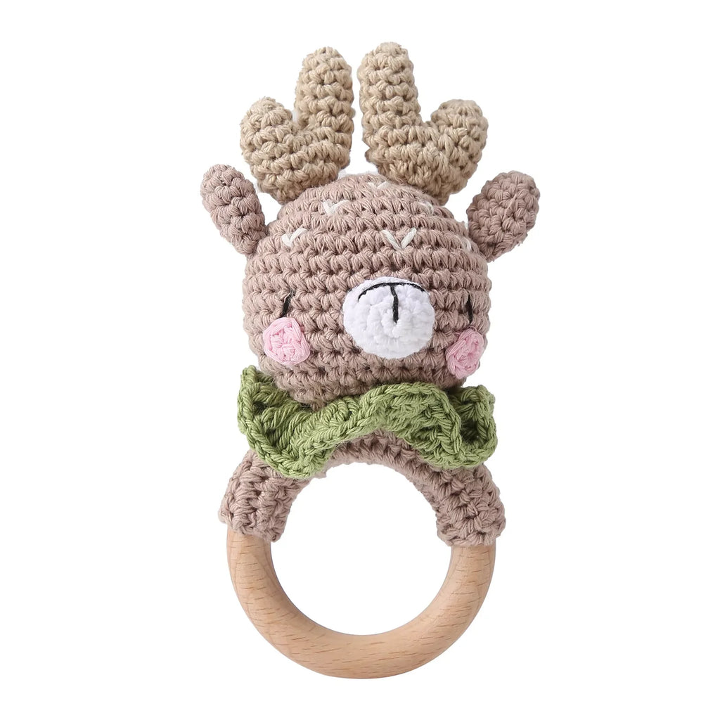 Crochet Bunny Baby Rattle | Wooden Ring Teether Toy for Newborns
