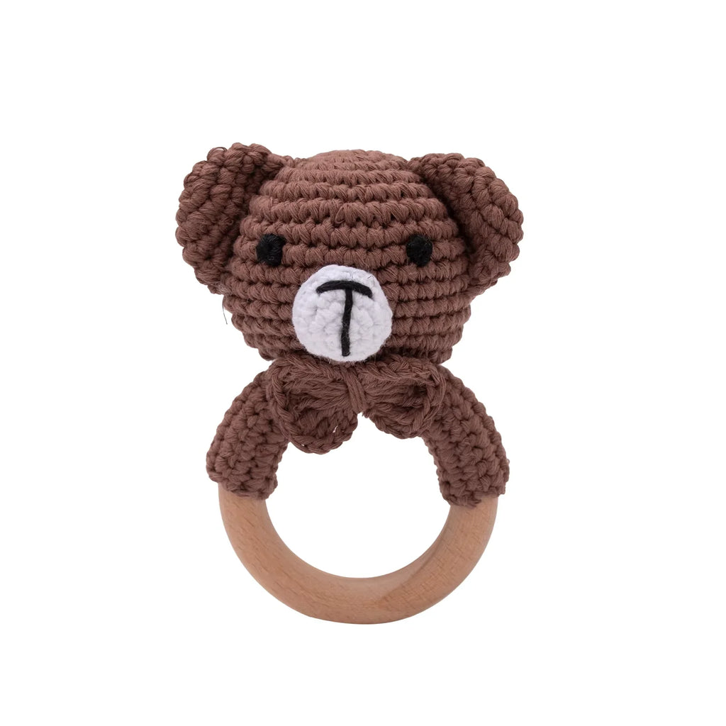 Crochet Bunny Baby Rattle | Wooden Ring Teether Toy for Newborns
