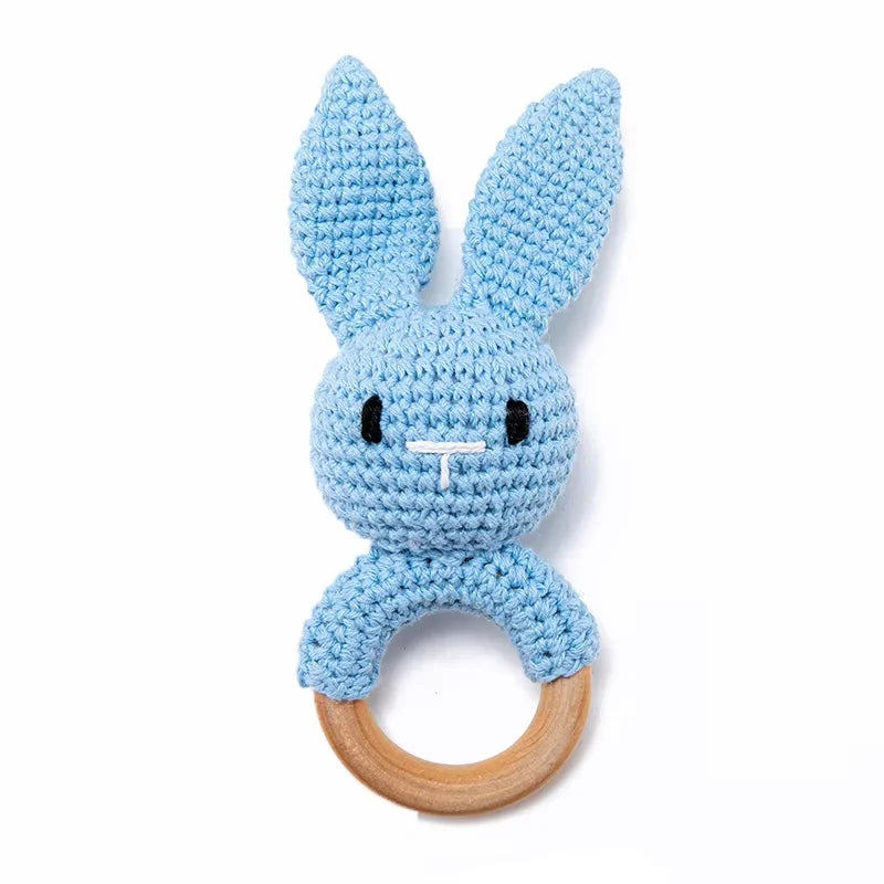 Crochet Bunny Baby Rattle | Wooden Ring Teether Toy for Newborns