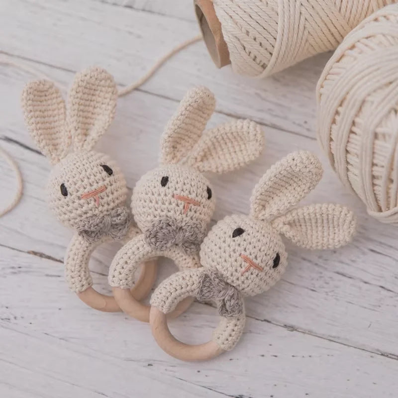 Crochet Bunny Baby Rattle | Wooden Ring Teether Toy for Newborns