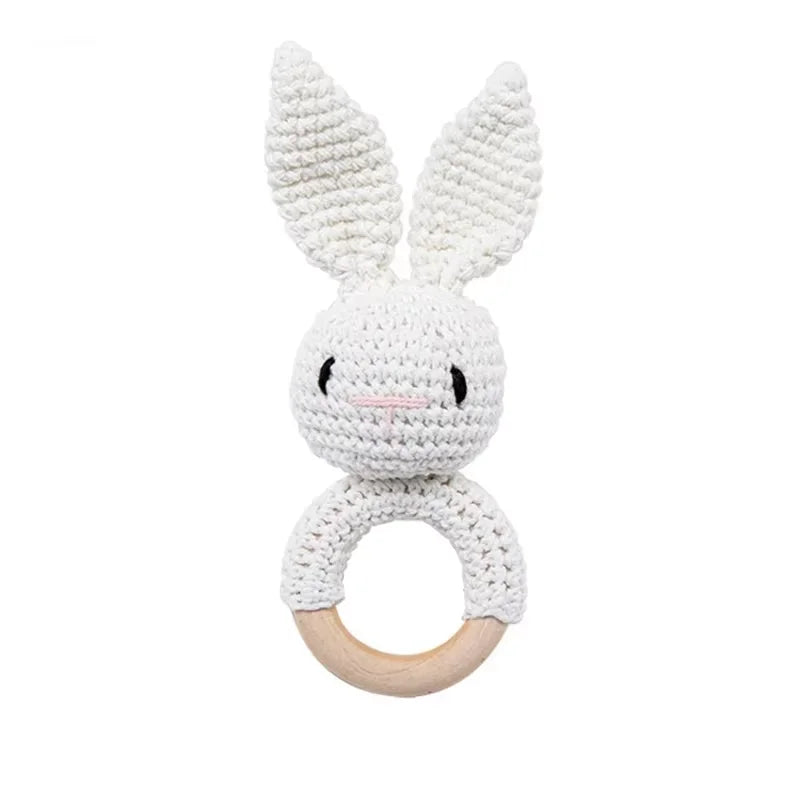 Crochet Bunny Baby Rattle | Wooden Ring Teether Toy for Newborns