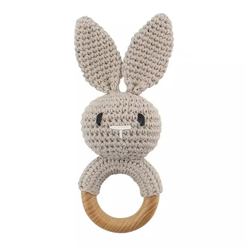 Crochet Bunny Baby Rattle | Wooden Ring Teether Toy for Newborns
