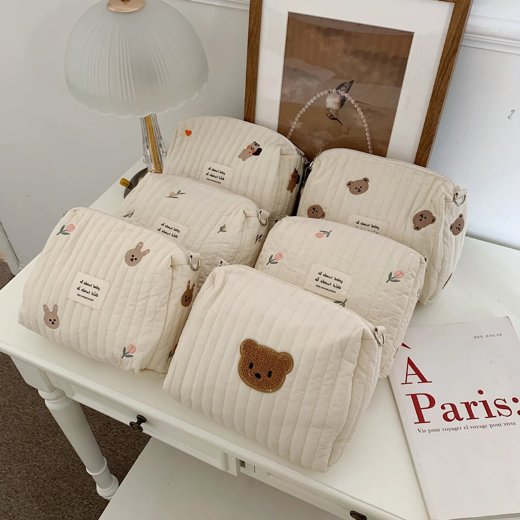 Soft Quilted Cotton Diaper Bag | Cute Bear Baby Organizer for Moms