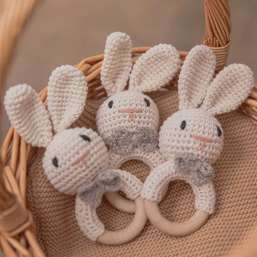 Crochet Bunny Baby Rattle | Wooden Ring Teether Toy for Newborns