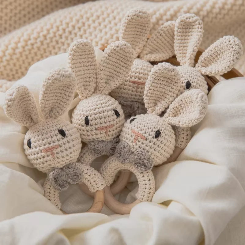 Crochet Bunny Baby Rattle | Wooden Ring Teether Toy for Newborns