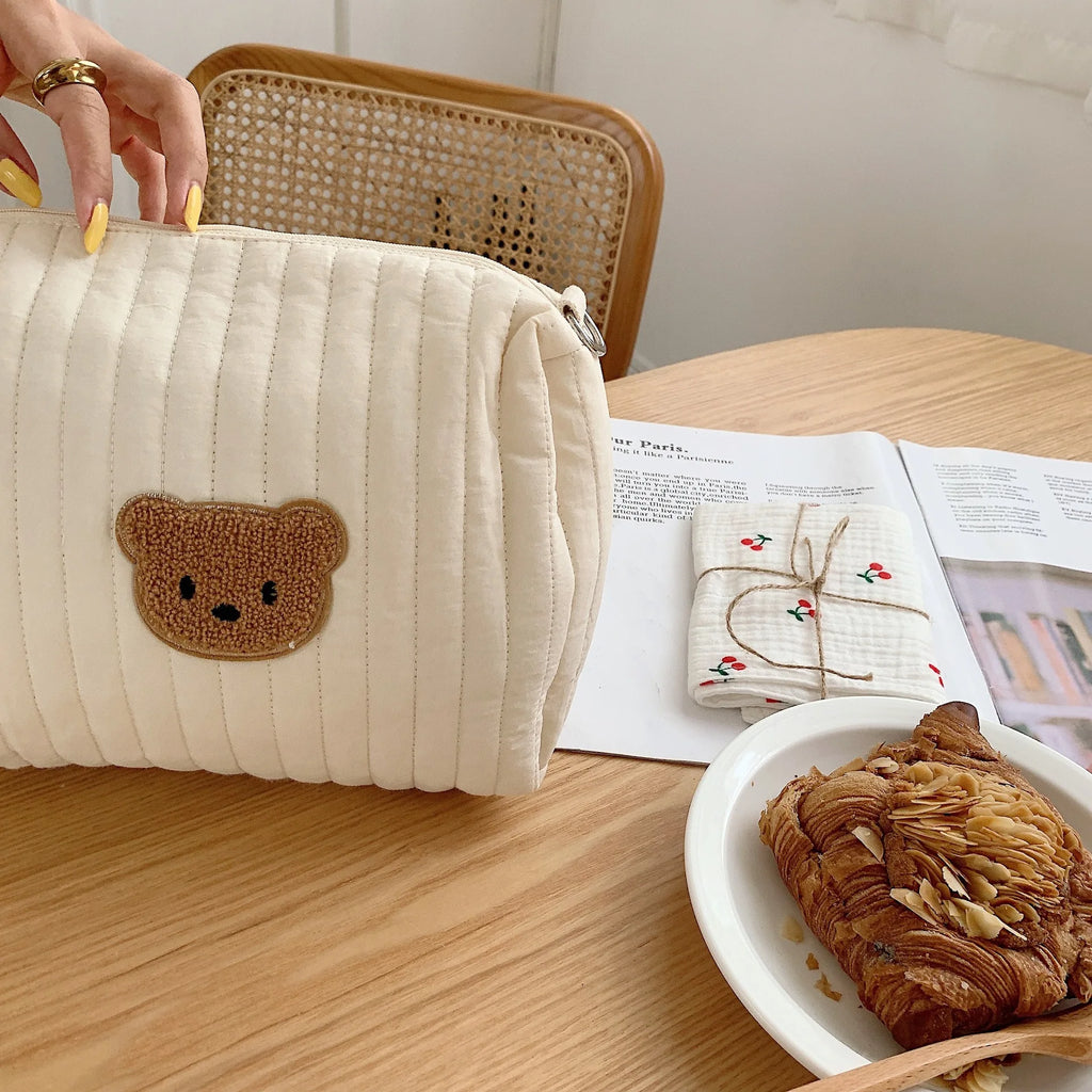 Soft Quilted Cotton Diaper Bag | Cute Bear Baby Organizer for Moms
