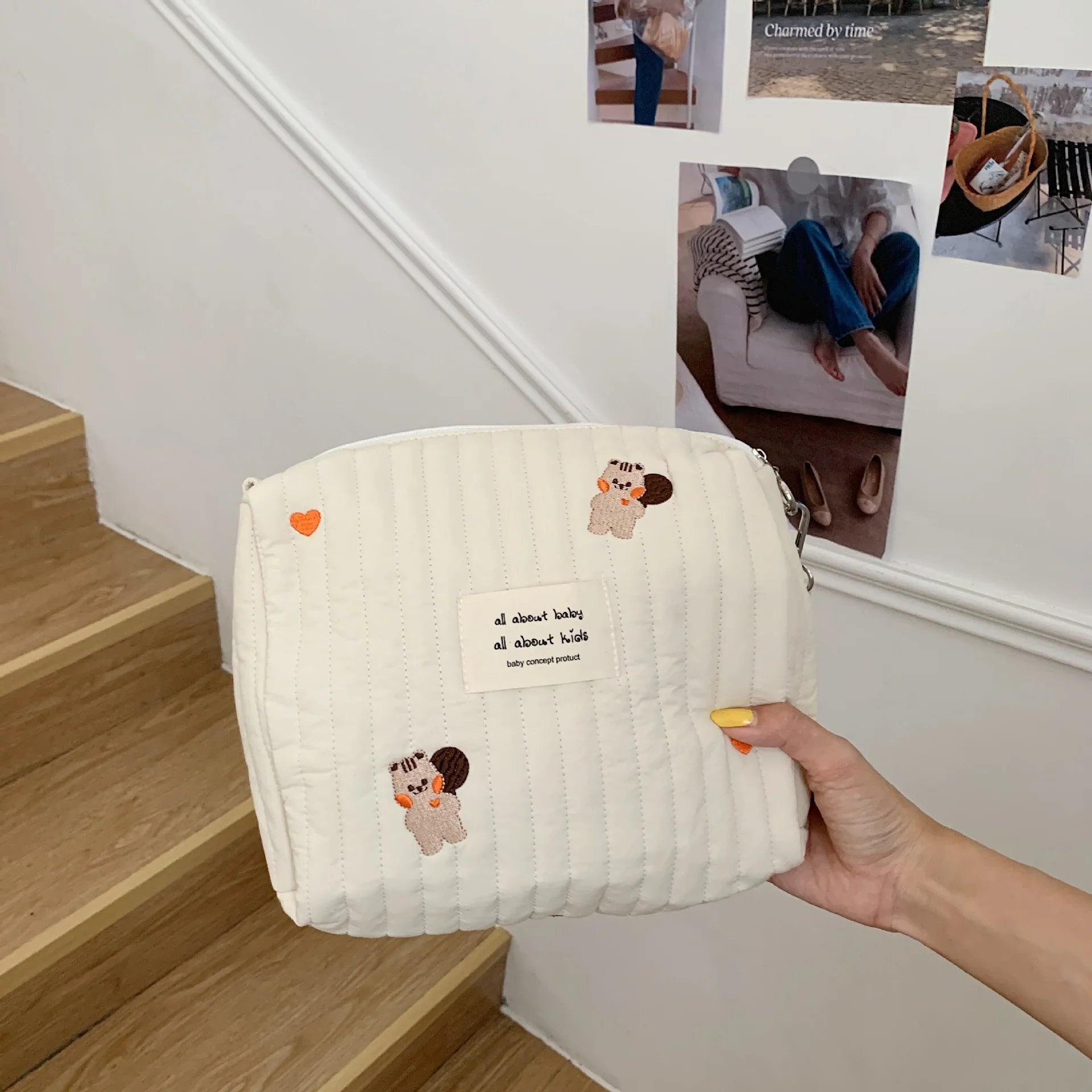 Soft Quilted Cotton Diaper Bag | Cute Bear Baby Organizer for Moms