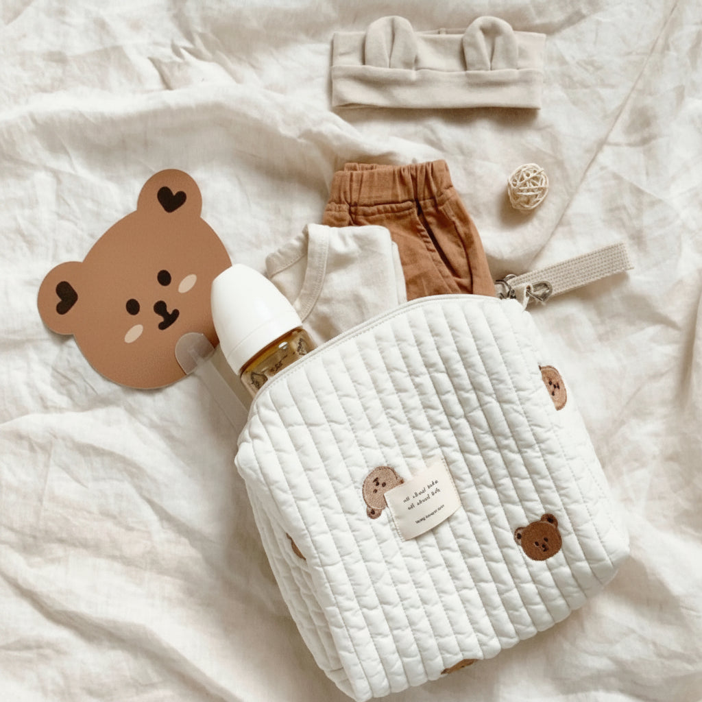 Soft Quilted Cotton Diaper Bag | Cute Bear Baby Organizer for Moms