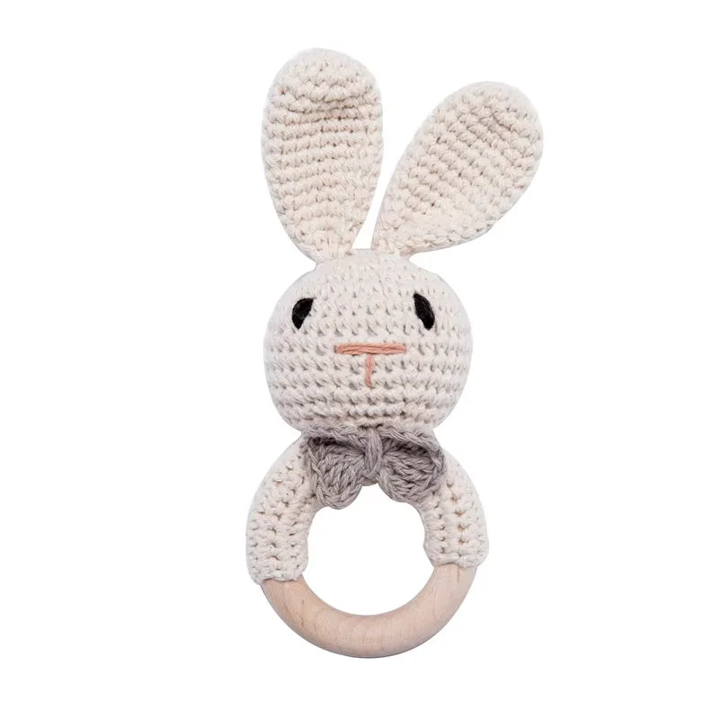 Crochet Bunny Baby Rattle | Wooden Ring Teether Toy for Newborns