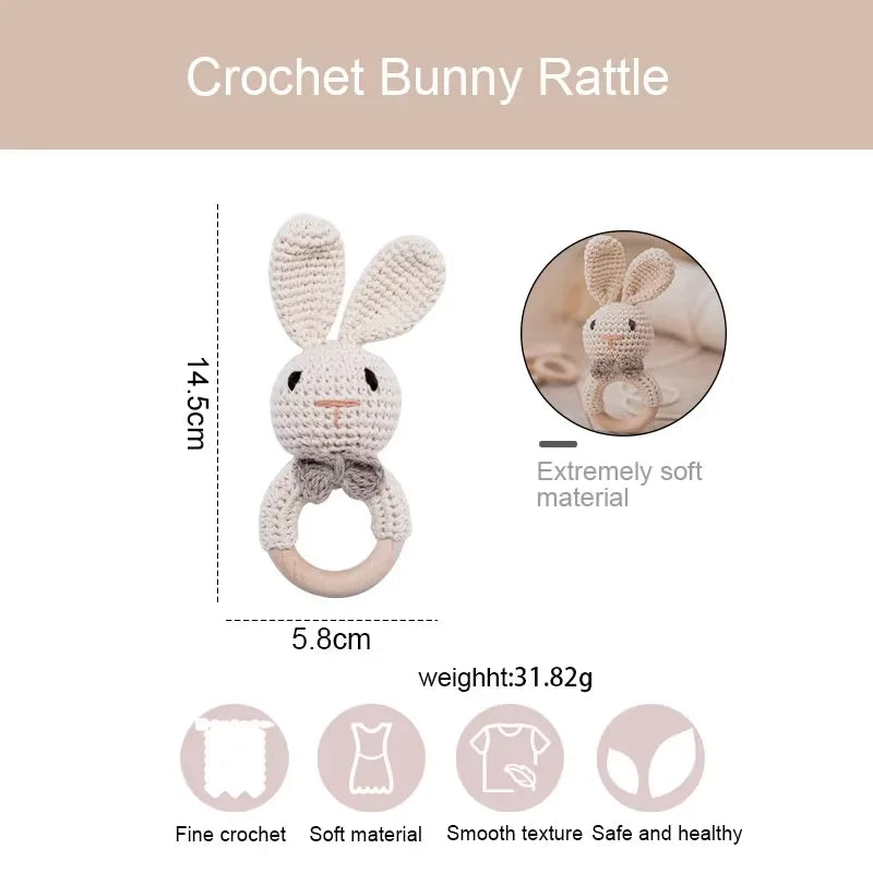 Crochet Bunny Baby Rattle | Wooden Ring Teether Toy for Newborns