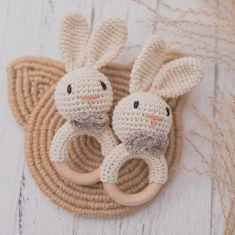 Crochet Bunny Baby Rattle | Wooden Ring Teether Toy for Newborns