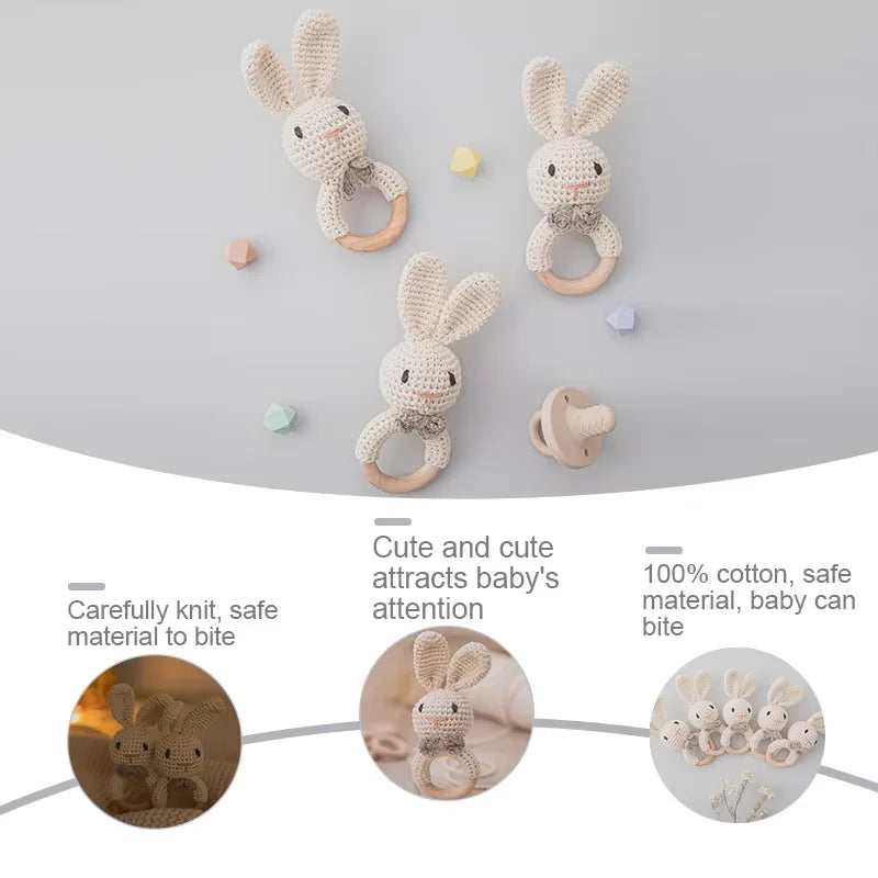 Crochet Bunny Baby Rattle | Wooden Ring Teether Toy for Newborns