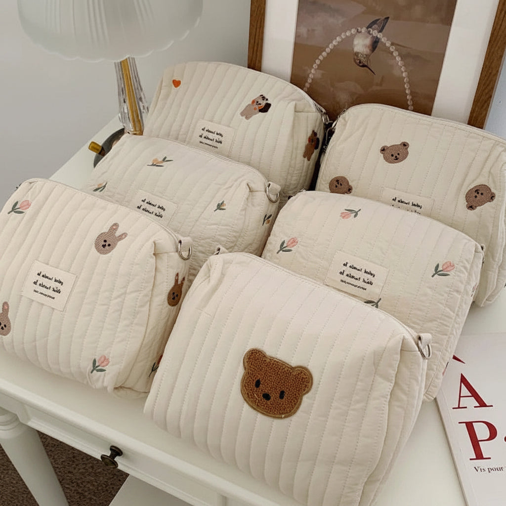 Soft Quilted Cotton Diaper Bag | Cute Bear Baby Organizer for Moms